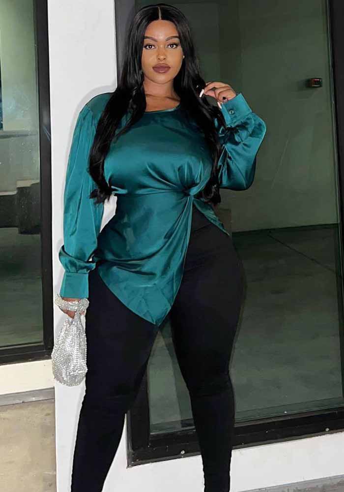 Women's Satin Casual Slit Long Sleeve Chic Top