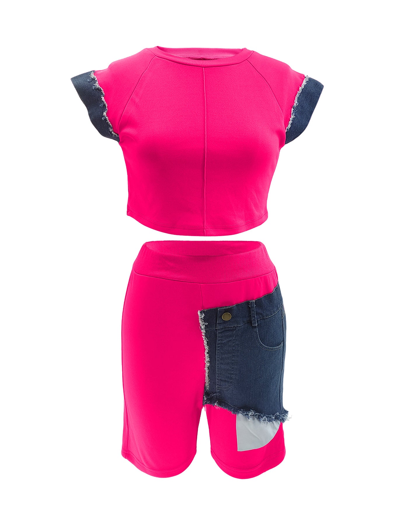 Women's Casual Denim Patchwork Short Sleeve Top Shorts Two-piece Set 14