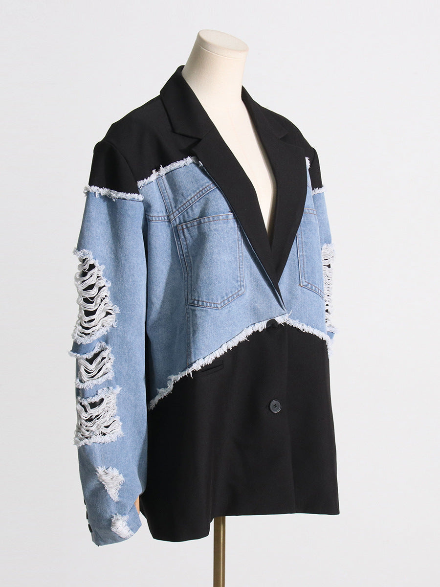 Women's Autumn Contrast Color Denim Patchwork Loose Jacket 5