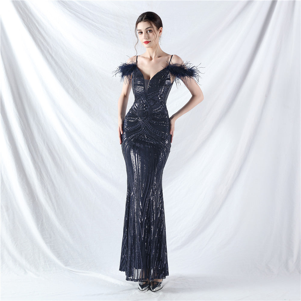 Plus size Women sequined formal party maxi evening dress 4