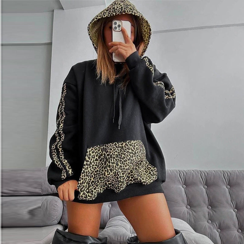 Women Leopard Patchwork Drawstring Pocket Loose Casual Hoodies 3