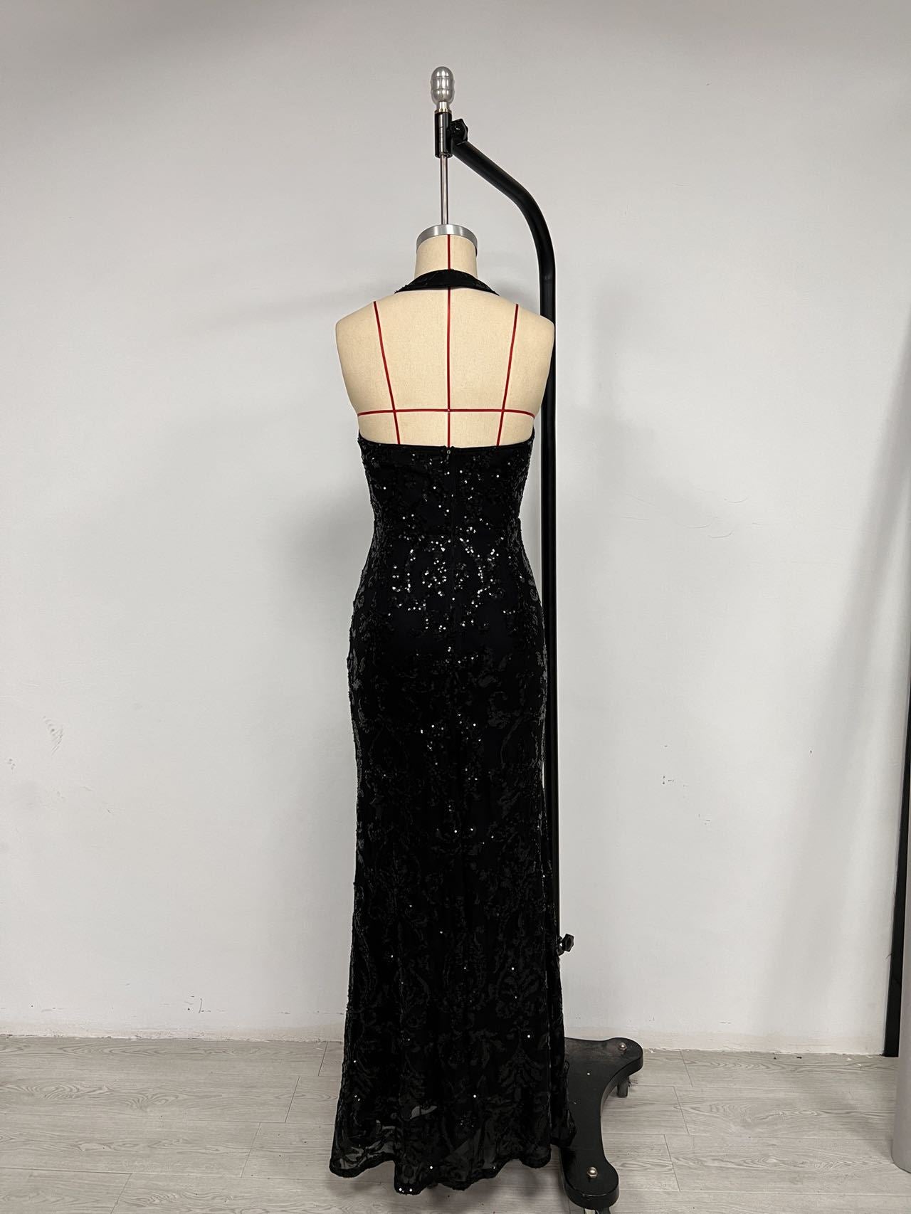 Women's Sexy Halter Neck Sequin Dress Fashion Long Gown 9