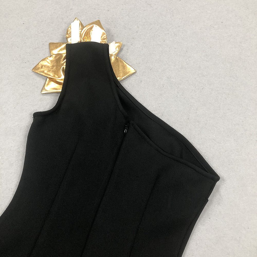 Women Sexy Formal Party One Shoulder Hollow Flower Bandage Dress 7