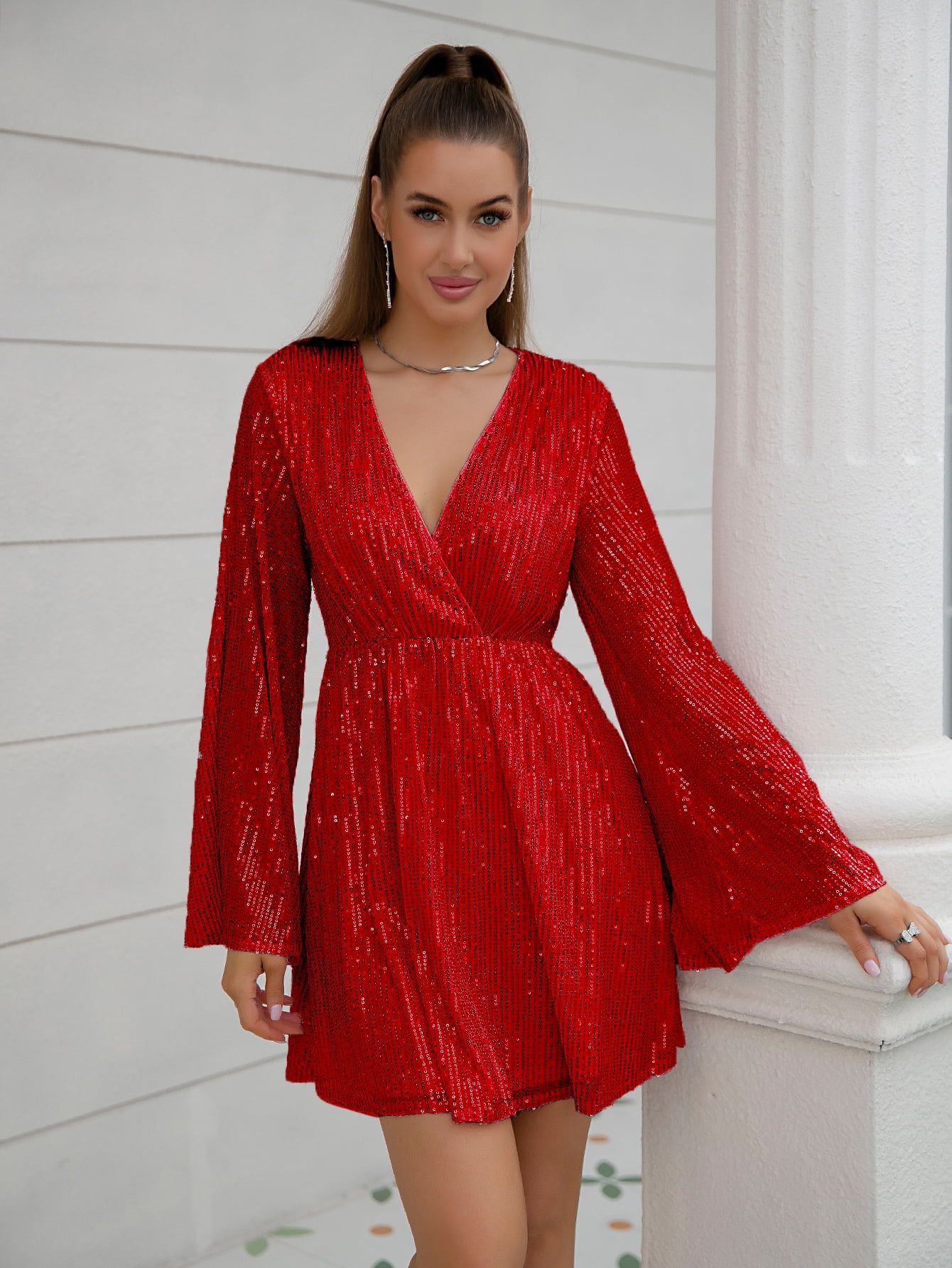 Women's Fashion Deep V Neck Loose Long Sleeve Sequin Dress 4