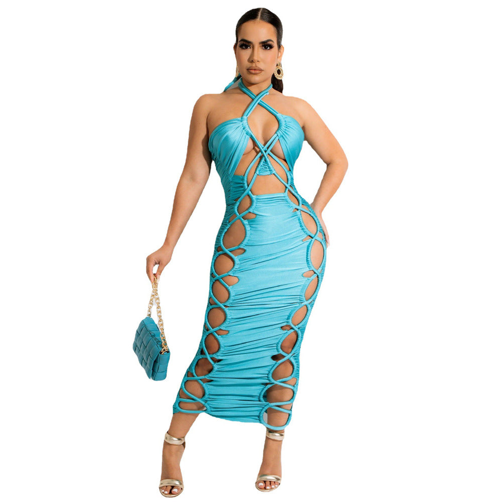 Women's Halter Lace-Up Ruched Long Dress 43