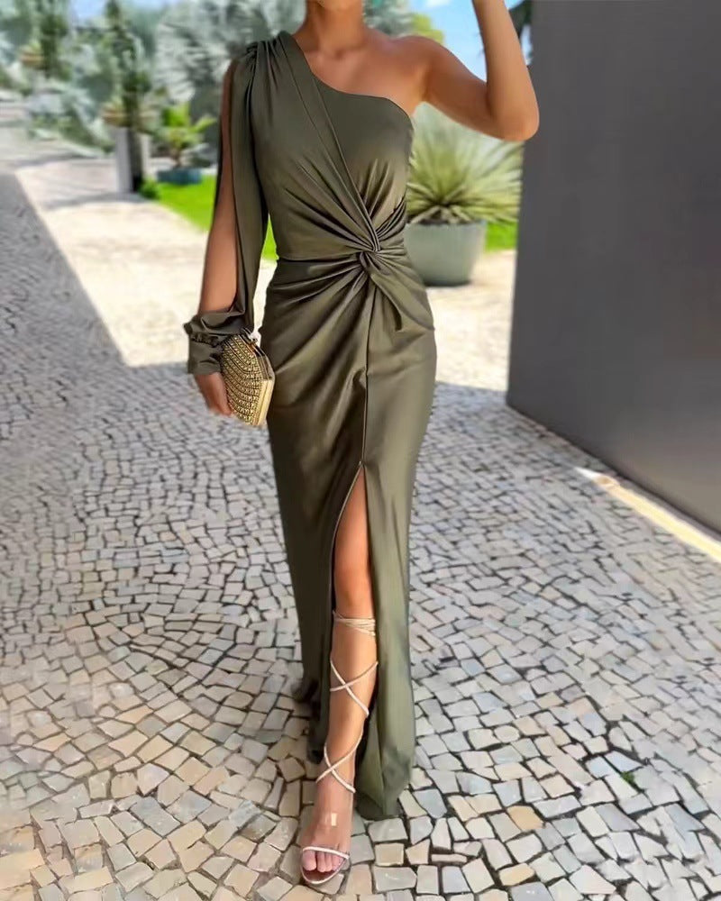 Summer Slash Shoulder Slit Solid Color Slim Long Dress 7