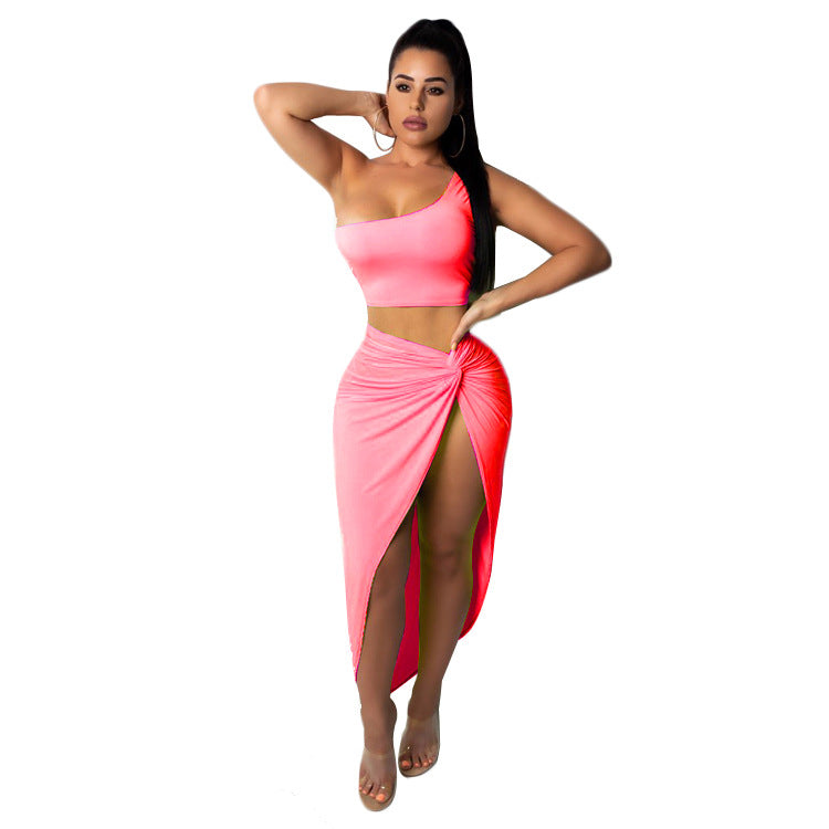 Plus Size Women Crinkled Solid Crop Top And Skirt Two Piece 6