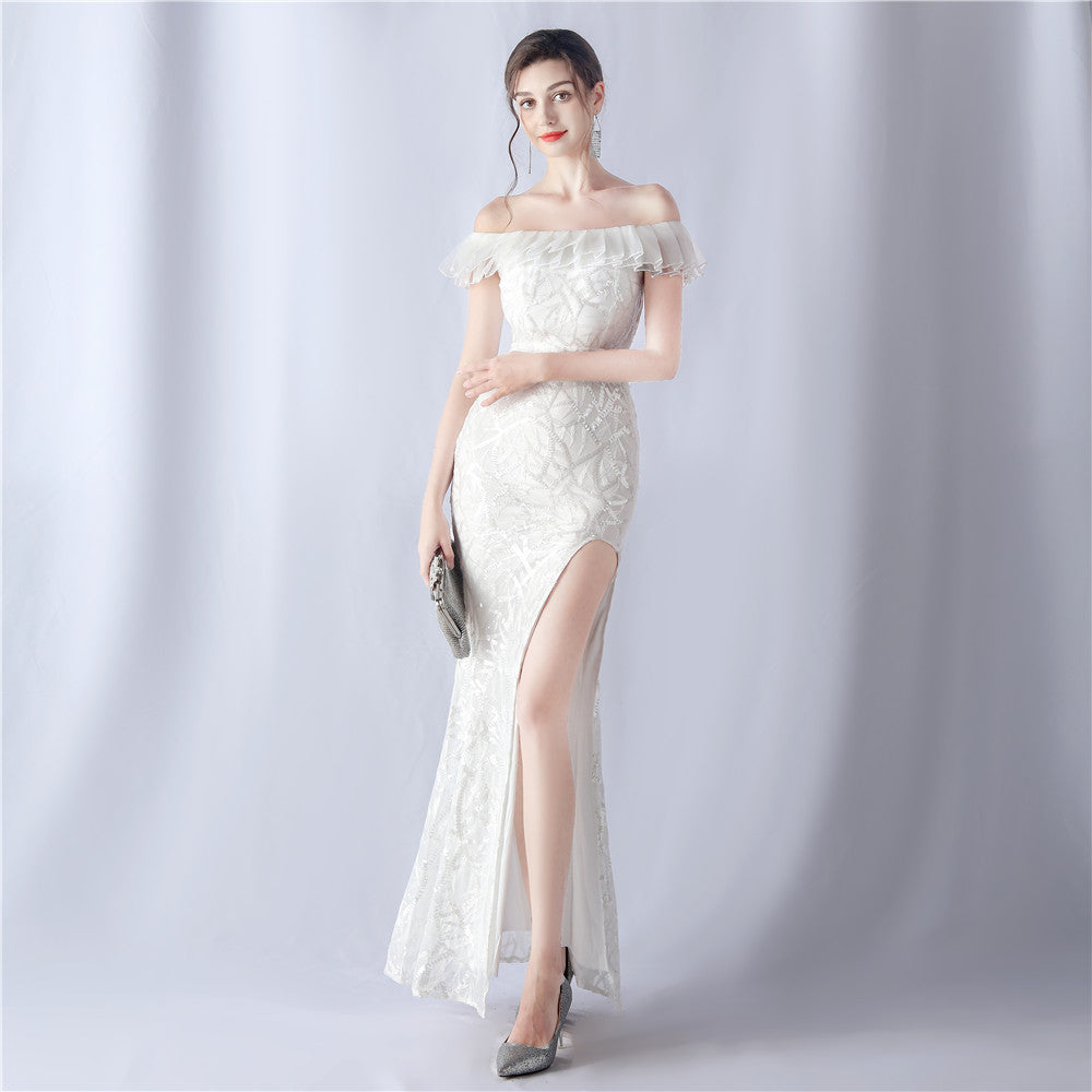 Women sequined ruffle off-the-shoulder Evening Dress 9