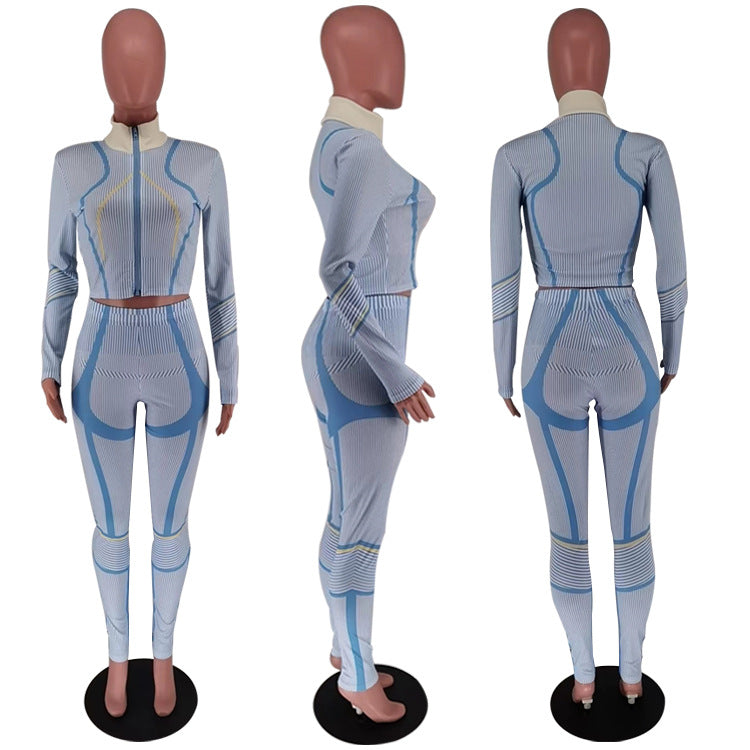 Women's Autumn And Winter Irregular Printed Long Sleeve Tight Fitting Sports Two Piece Pants Set 23