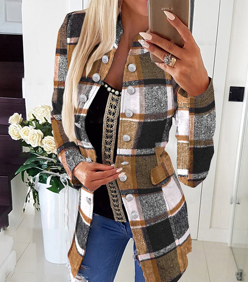 Women Plaid Long Sleeve Double Breasted Jacket 3