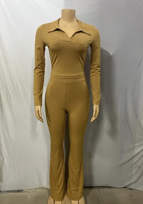 Women turndown collar knitting long sleeve top and Pants two-piece suit 4