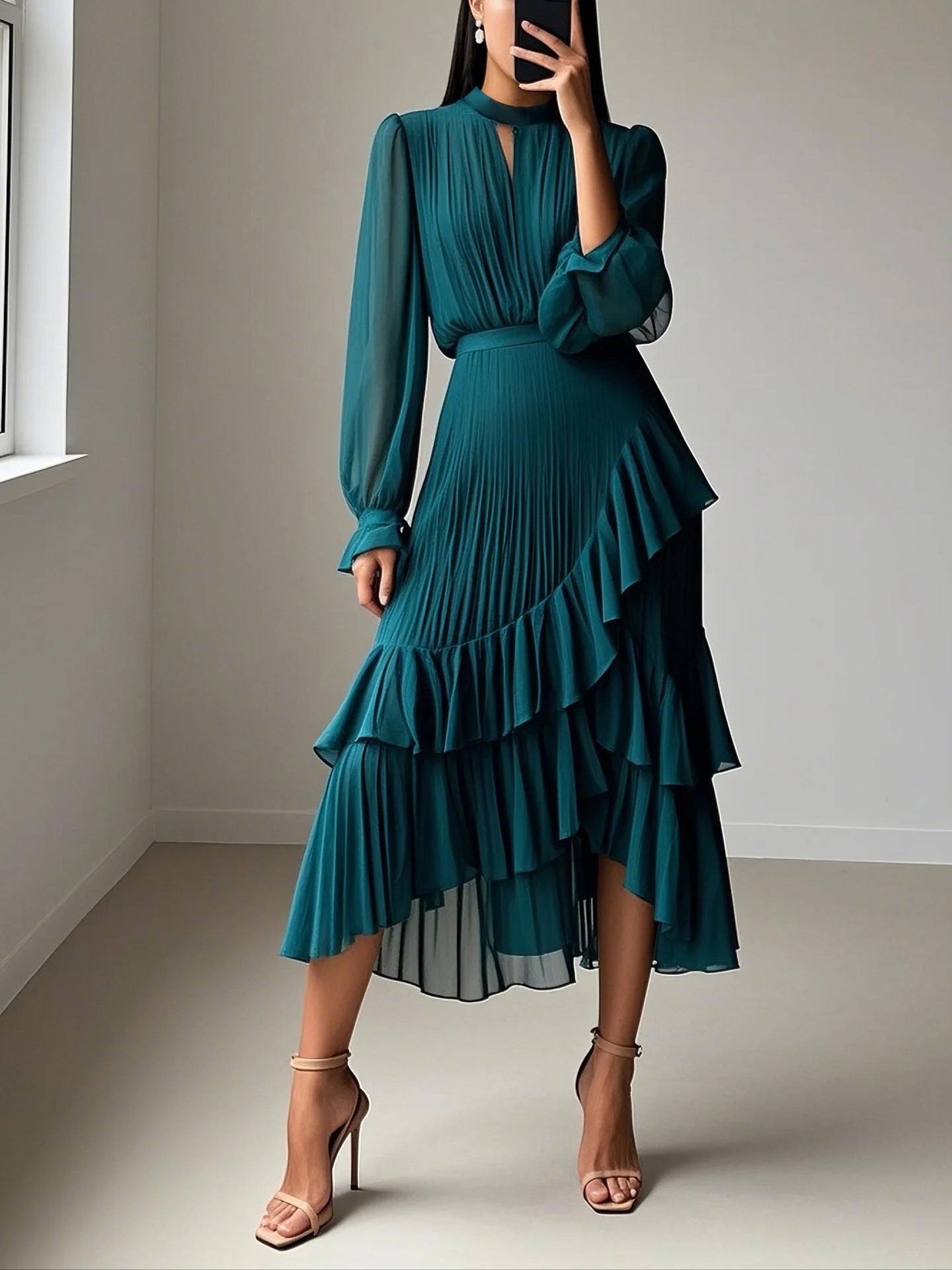 Women Solid Ruffle Pleated Dress 3
