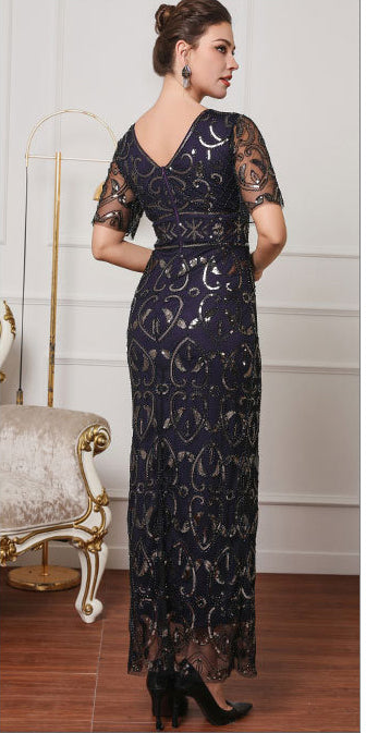 Women Elegant V Neck Sequin Formal Party Mesh Dress 5