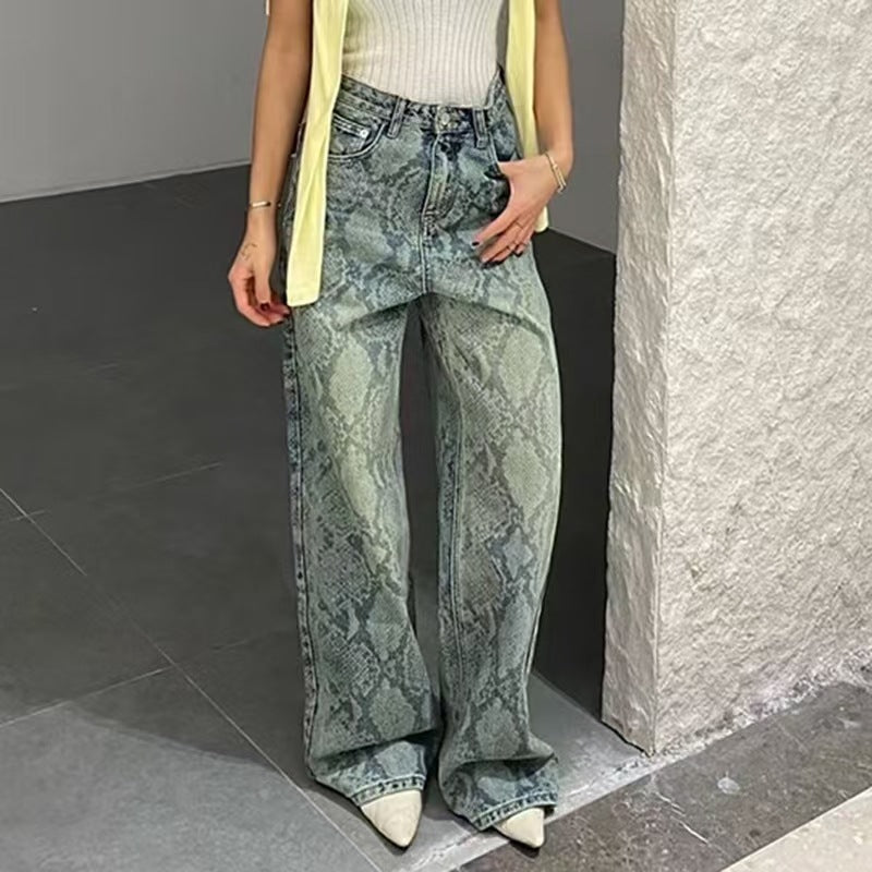 Women casual snake print denim Pant