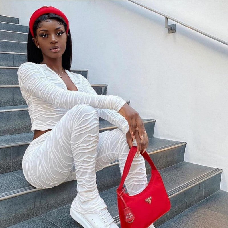 Women Autumn Solid Lace-up Wavy Stripe Crop Top and Pants Two-piece Set 4