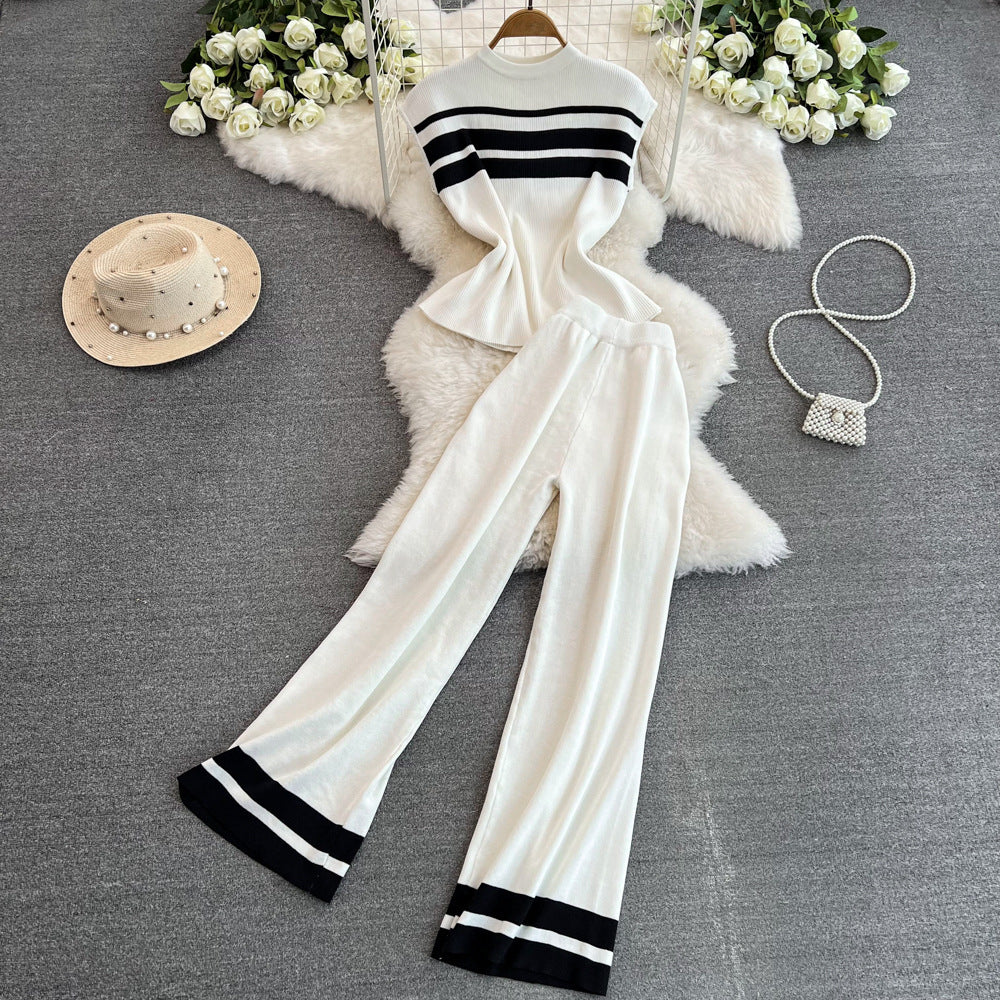 Fashion Women Sleeveless Slim Knitting Top Casual High Waist Straight Wide-Leg Pants Two-Piece Set 3