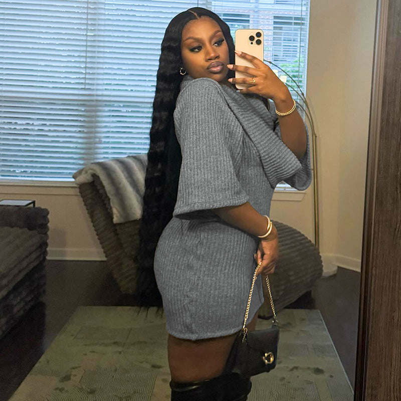 Women's Autumn & Winter Solid Color Casual Loose Cowl Neck Knitted Mid-Long Sleeve Dress 9