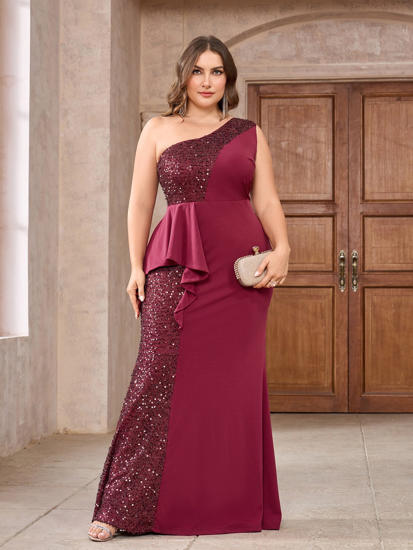 Plus Size Women One Shoulder Sequin Bodycon Elegant Formal Party Evening Dress 3
