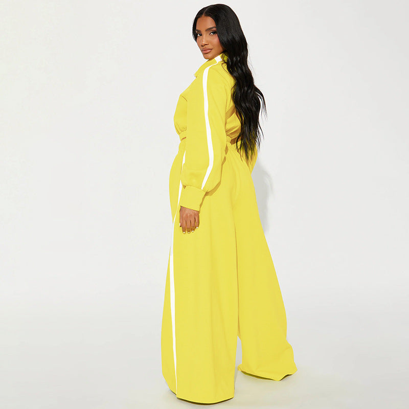 Autumn Style Trendy Color Block Striped Stand Collar Zipper Jacket & Wide-Leg Pants Two-Piece Set 3