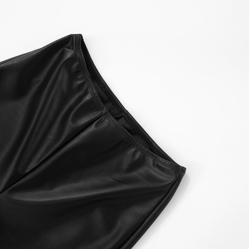 Women Sexy Solid Pu-Leather Halter Neck Backless Top and Pants Two-Piece Set 31