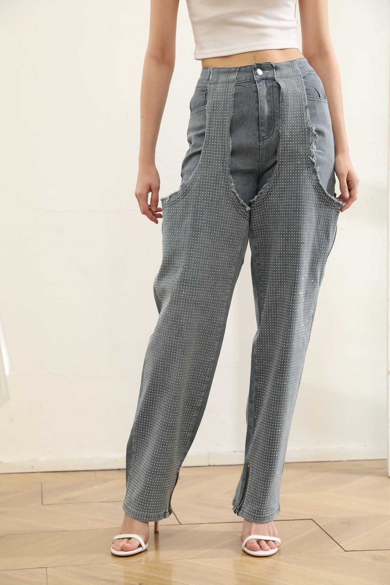 Fashion Irregular hollow Patchwork zipper Beaded elastic Denim pants