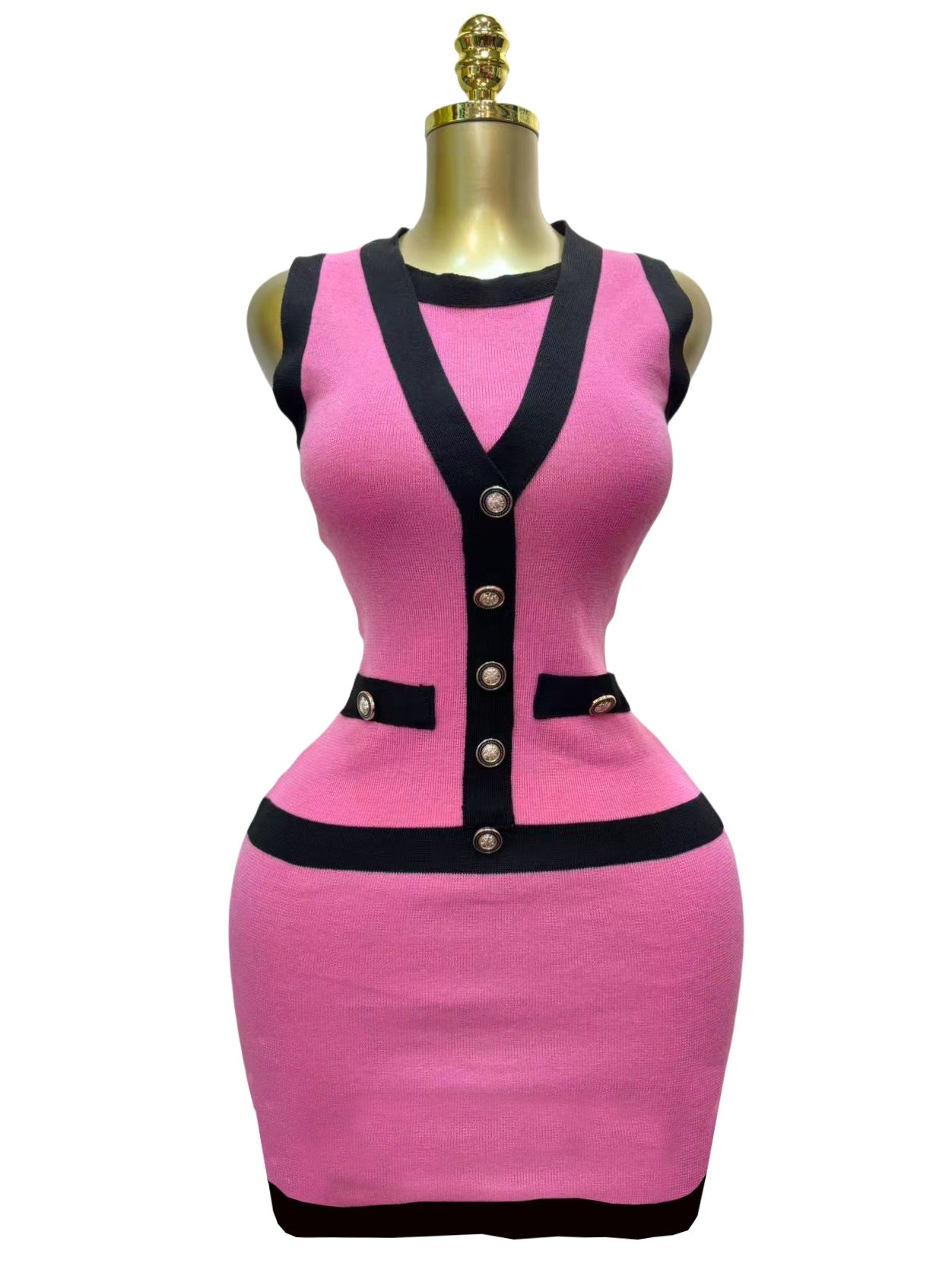 Women elegant button-down colorblock sleeveless single-breasted knitting dress 10