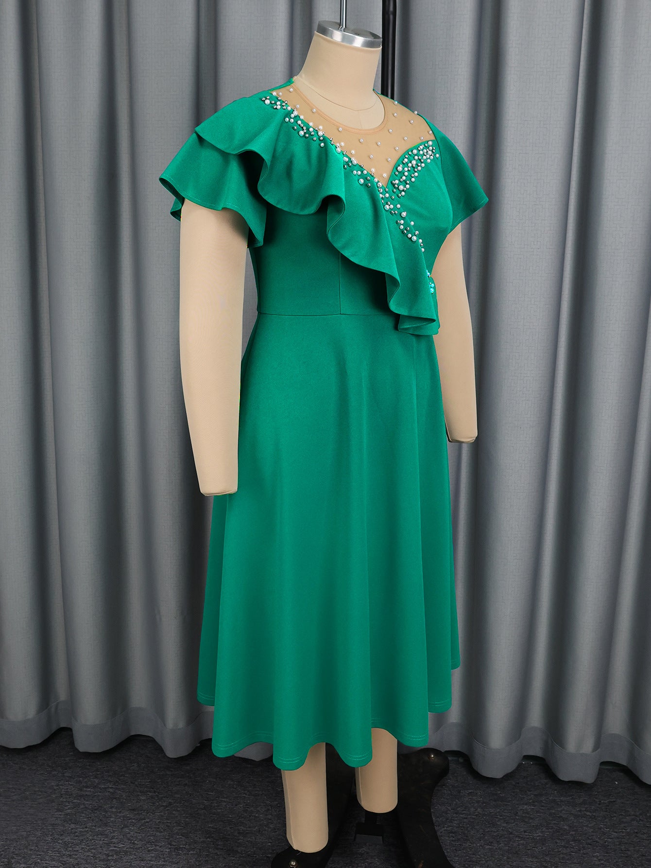 Plus Size Women's Flounce Short Sleeve Mesh Patchwork Rhinestone A-Line Elegant Dress 7