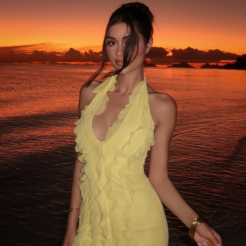 Summer Women's Fashion Sleeveless Low Back Ruffled Deep V-Neck Sexy Long Dress 4