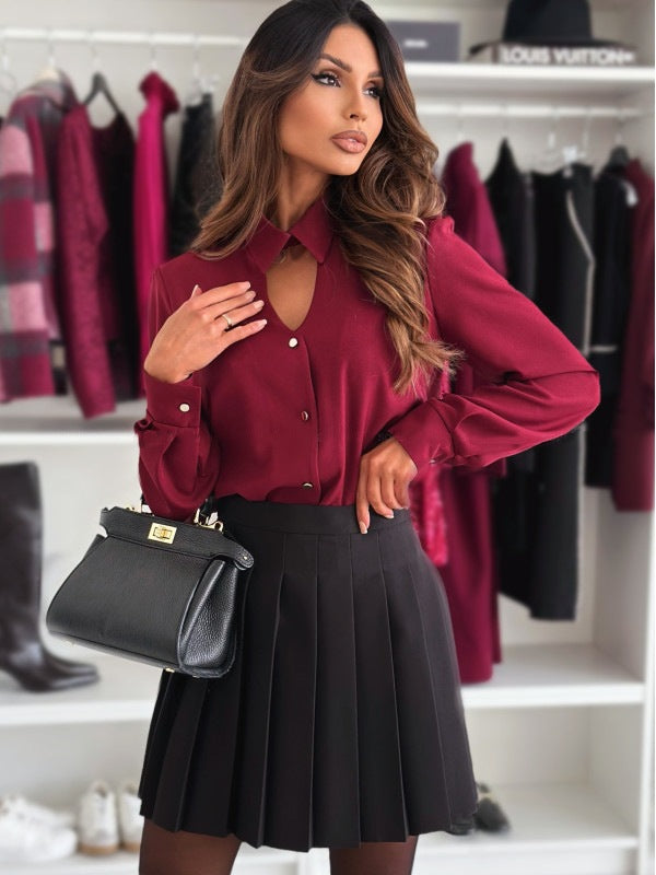 Autumn Chic Long-Sleeved Turndown Collar Hollow Shirt Top 11