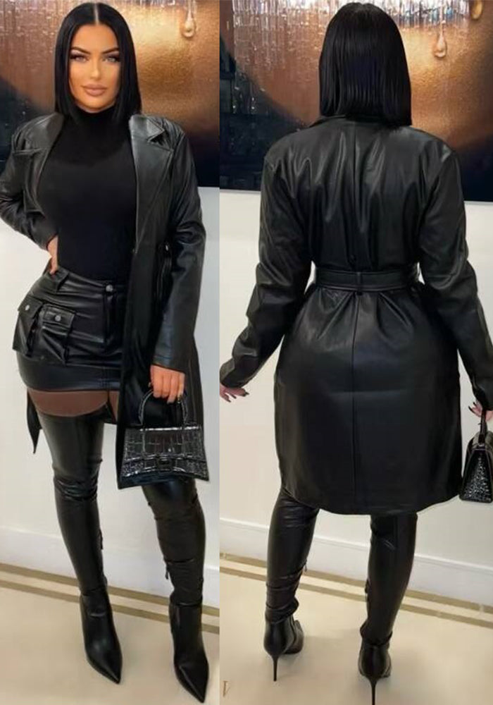 Women Turndown Collar button Pu-Leather jacket