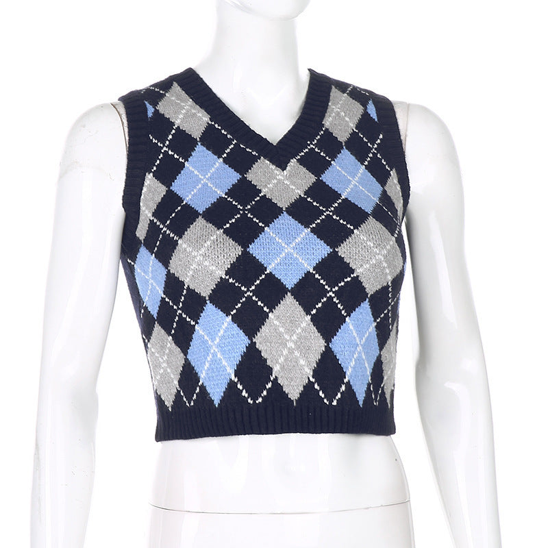 Women Solid Plaid Sleeveless V-Neck Sweater 38
