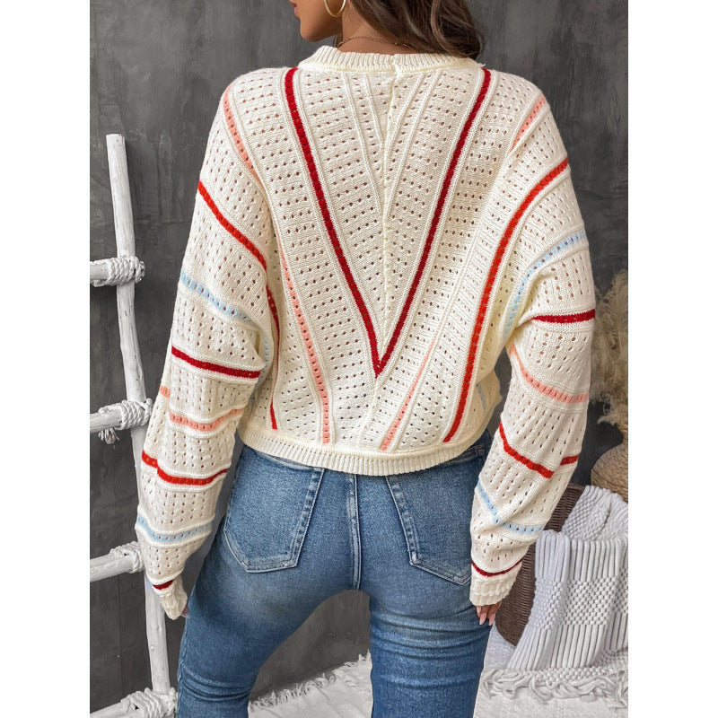 Autumn Winter Multi-Color Striped Sweater Round Neck Pullover Knitting Shirt