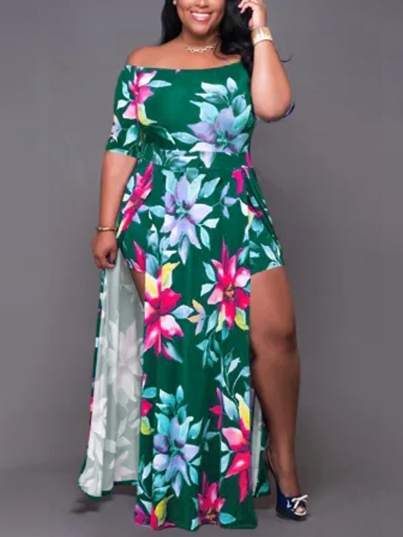 Women's Flowers Off Shoulder Fashion Plus Size Dress 9