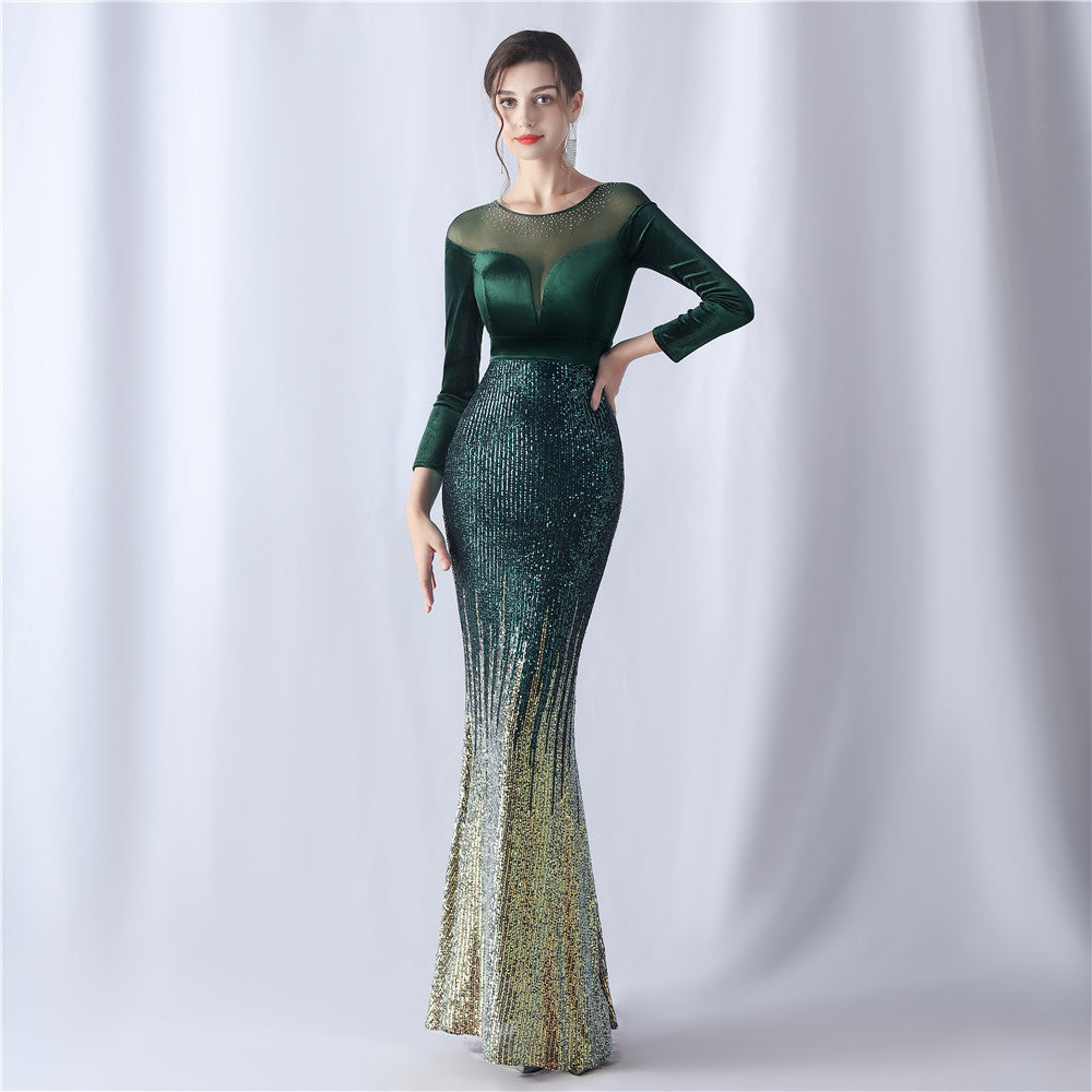 Formal Long Sleeve Patch Sequin Mermaid Evening Dress 8
