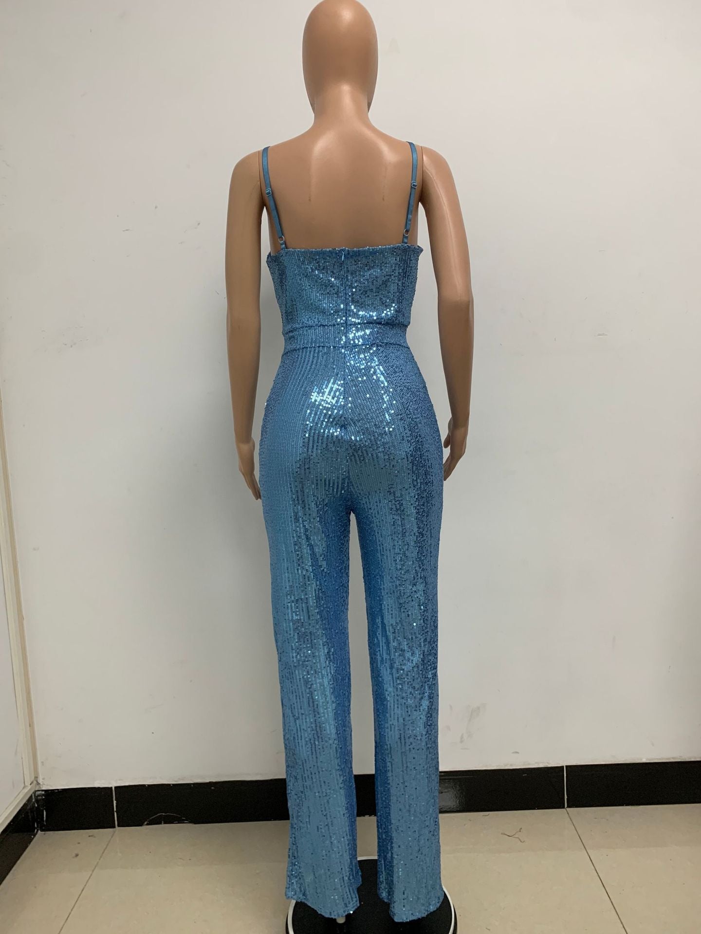 Deep V Neck Low Back Sleeveless Chic Sequined Straps Elegant Women's Party Jumpsuit 110