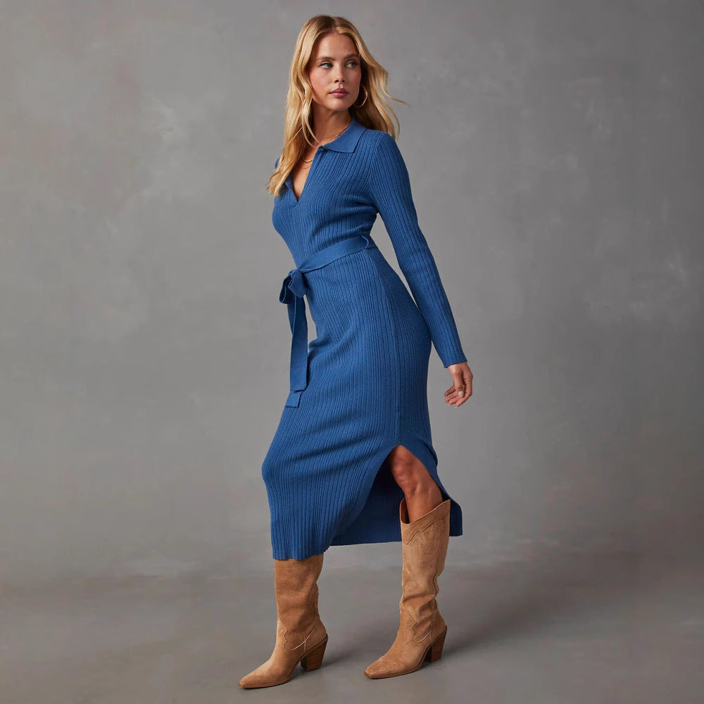 Women's Turndown Collar V-Neck Knitting Dress 6