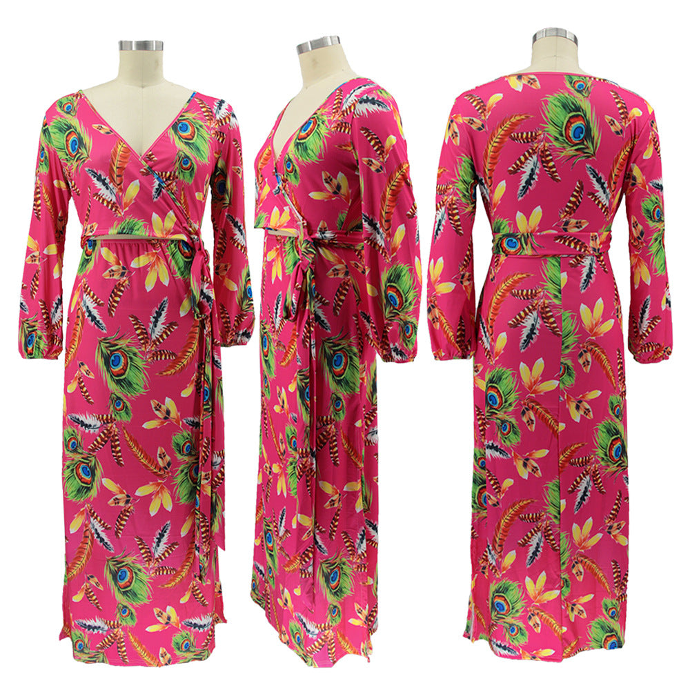 Plus Size Women Feather Print Sexy Slit Dress 12