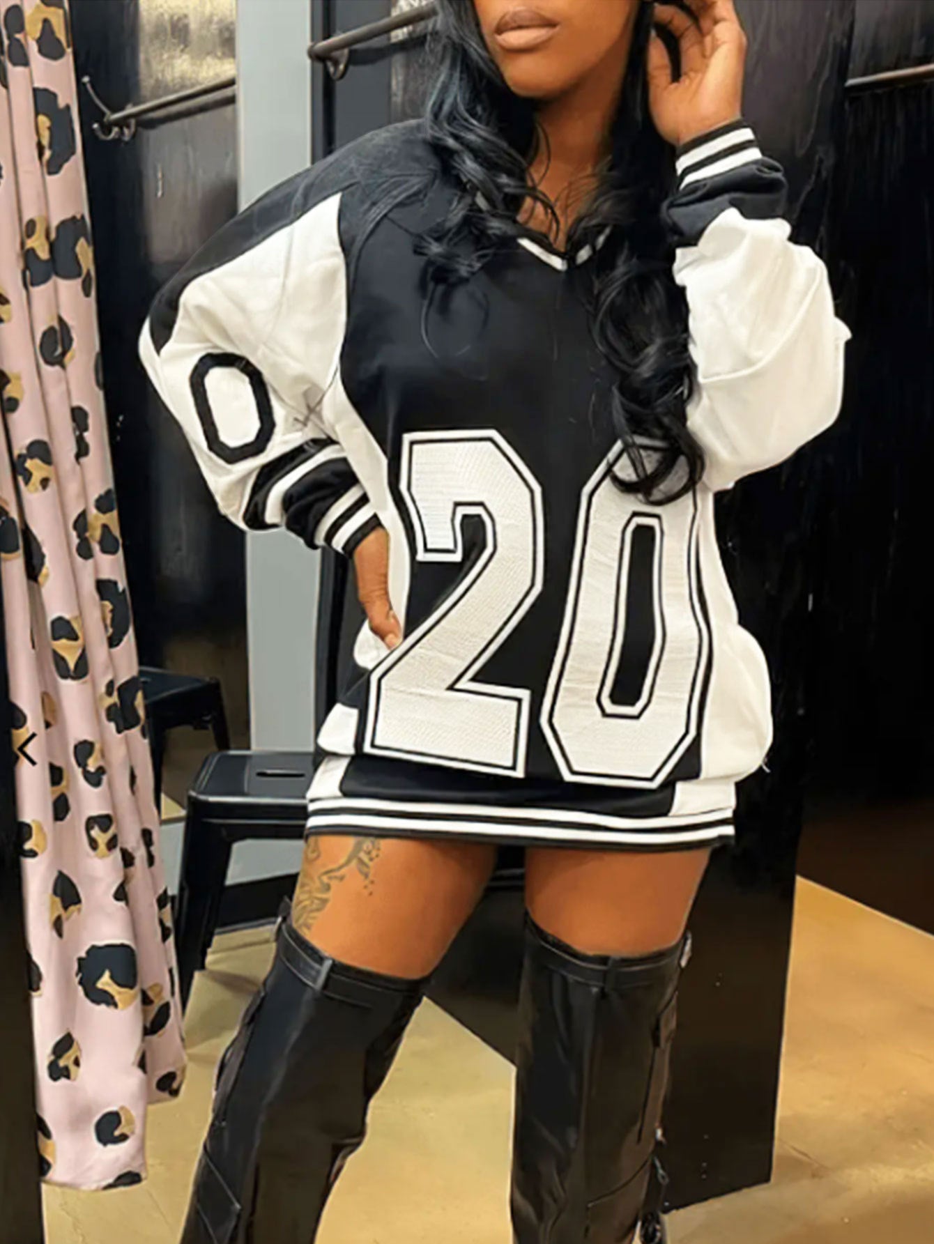 Women Loose Number Printed V-Neck Casual Long Sleeve Top