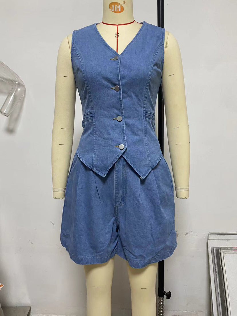 Women Summer Casual Denim Sleeveless Top and Shorts Two-piece Set 7