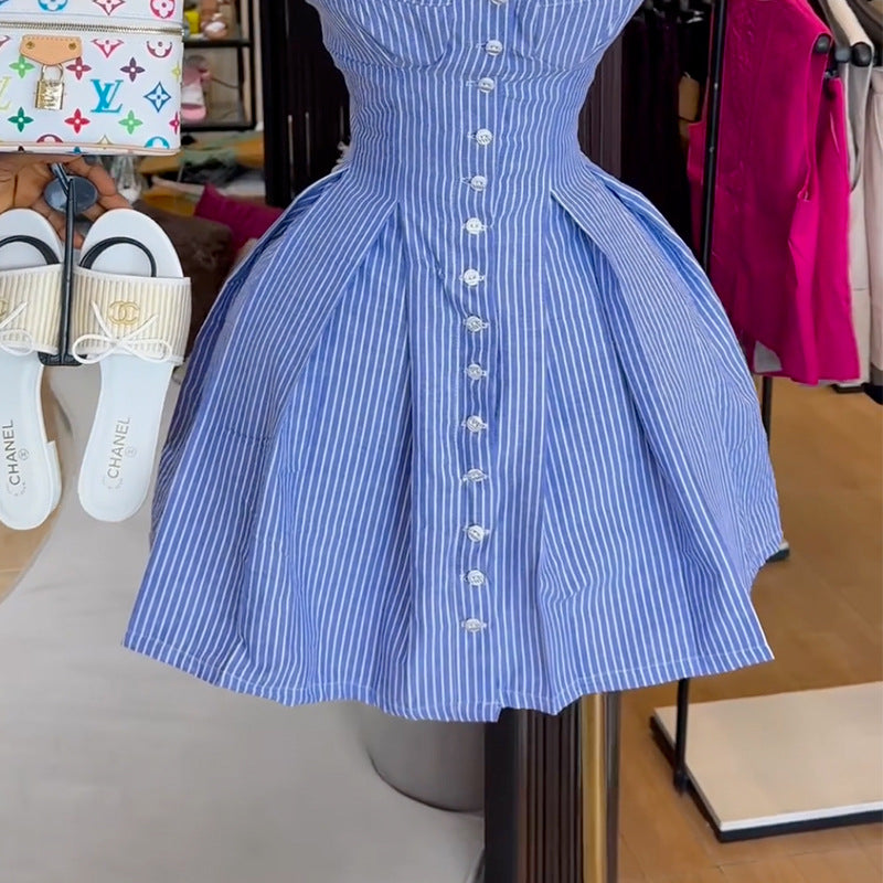 Women's Summer Chic Blue Striped Straps A-Line Dress 4