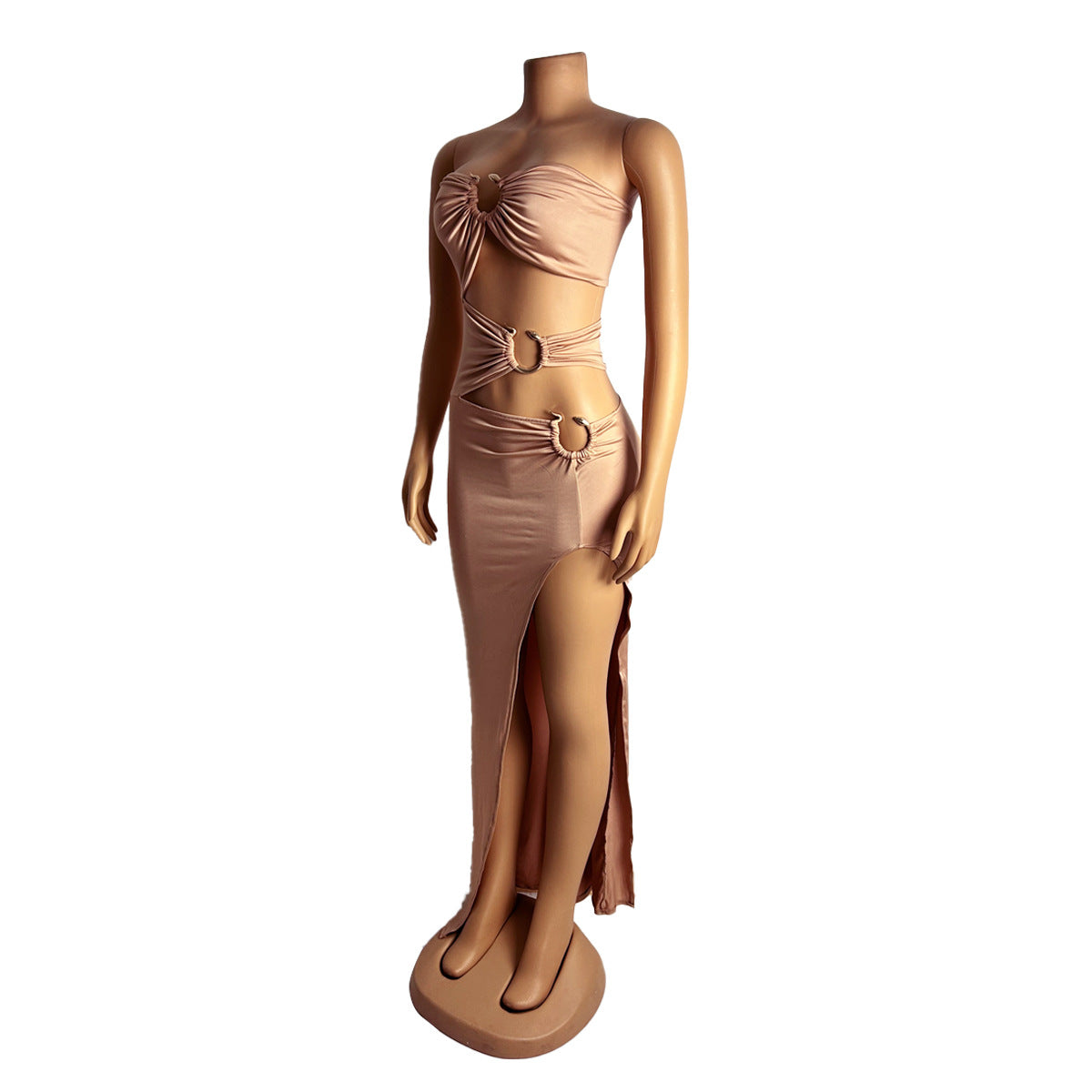 Women Sexy Cutout Metallic Patchwork Slit Bodycon Maxi Dress 16