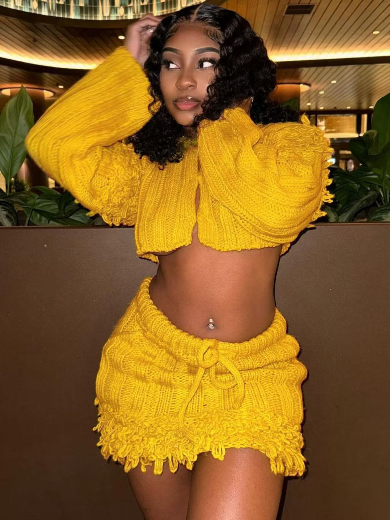 Women Casual Solid Long-Sleeved Tassel Crop Top and Skirt Two-Piece Set 5