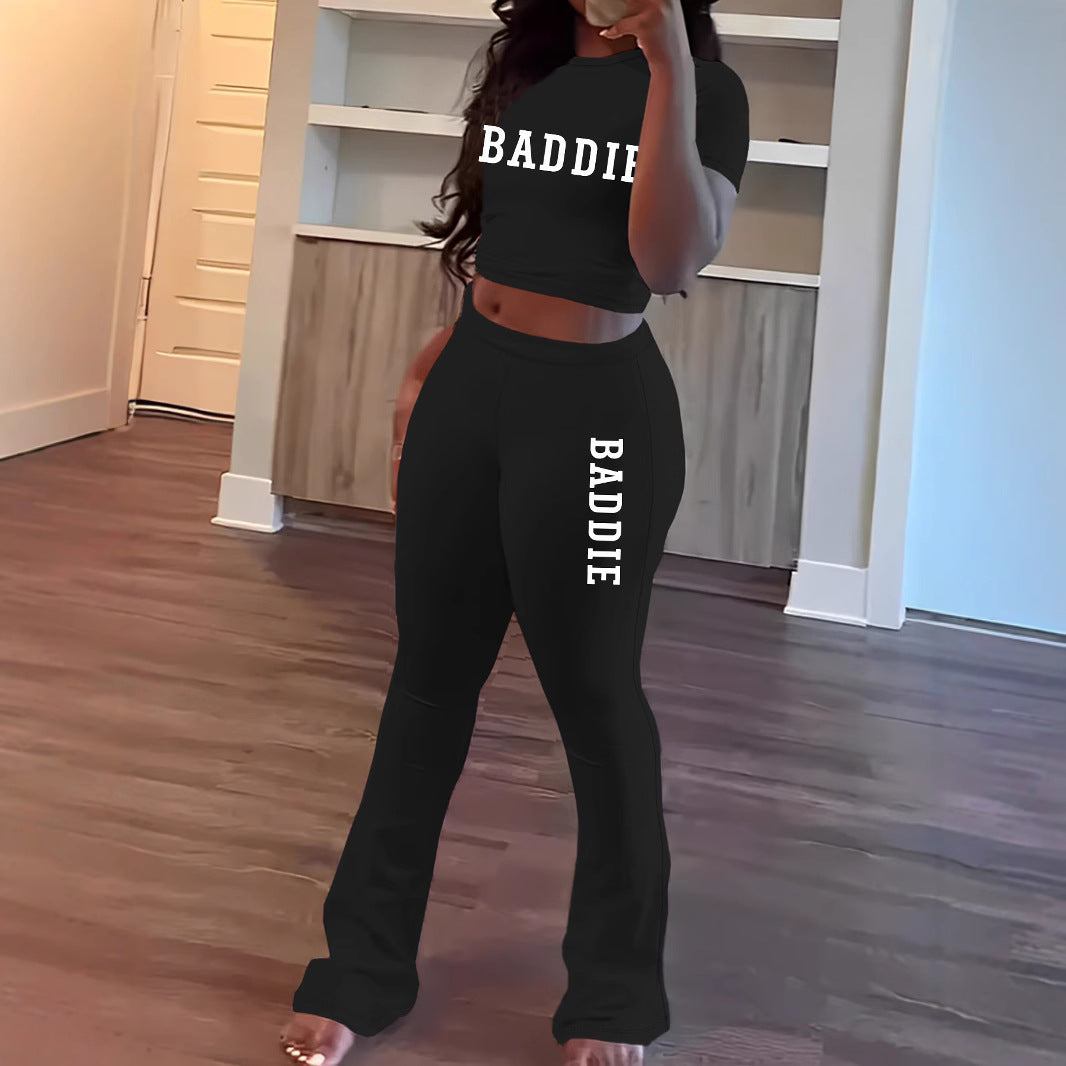 Spring Printed Short Sleeve Round Neck Top and Long Pants Two-Piece Set for Women 14