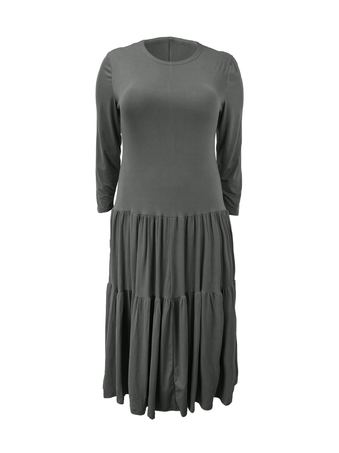 Plus Size Women Round Neck Solid Pleated Dress 17