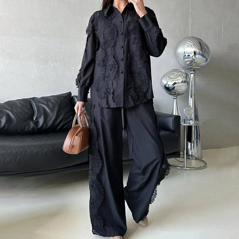 Women French Lace Patchwork Long Sleeve Shirt Wide Leg Pants Two Piece