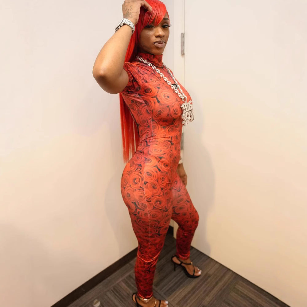 Rose Printed short sleeve Low Back sexy fashion Jumpsuit 4