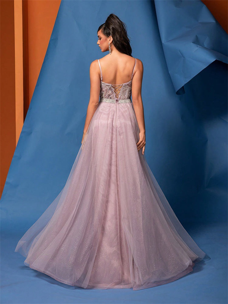 Women's Elegant A-Line Low Back Beaded Mesh Pink Sequin Strap Bridesmaid Formal Evening Dress 3