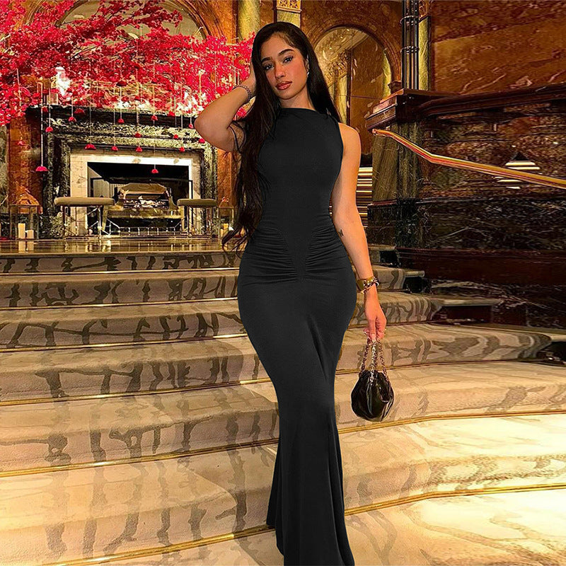 Spring Fashion Solid Color Sleeveless Pleated High Waist Slim Fit Long Dress 5