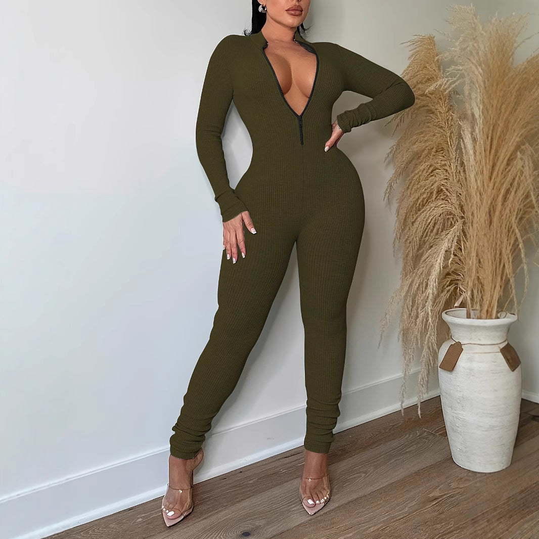 Plus Size Women Ribbed Solid Zipper Jumpsuit