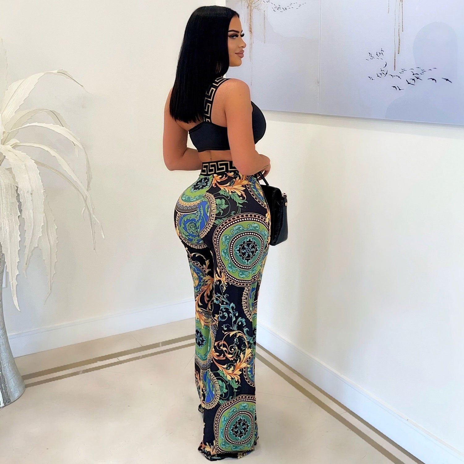 Sexy Slim Print Slash Shoulder Sleeveless Crop Top Pants Two-Piece Nightclub Suit 7